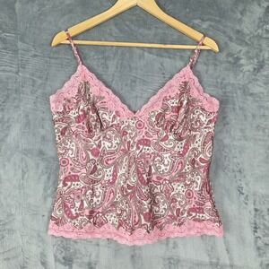 Womens Top XL Pink Babydoll Y2K Floral Paisley Satin Cami Fairy Coquette Dainty